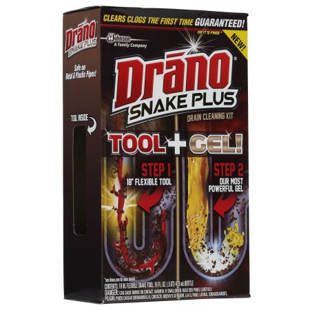 Drano Gel Drain Clog Remover and Cleaner 16oz and Snake Plus Tool 23  inches, Unclogs tough blockages, Commercial Line
